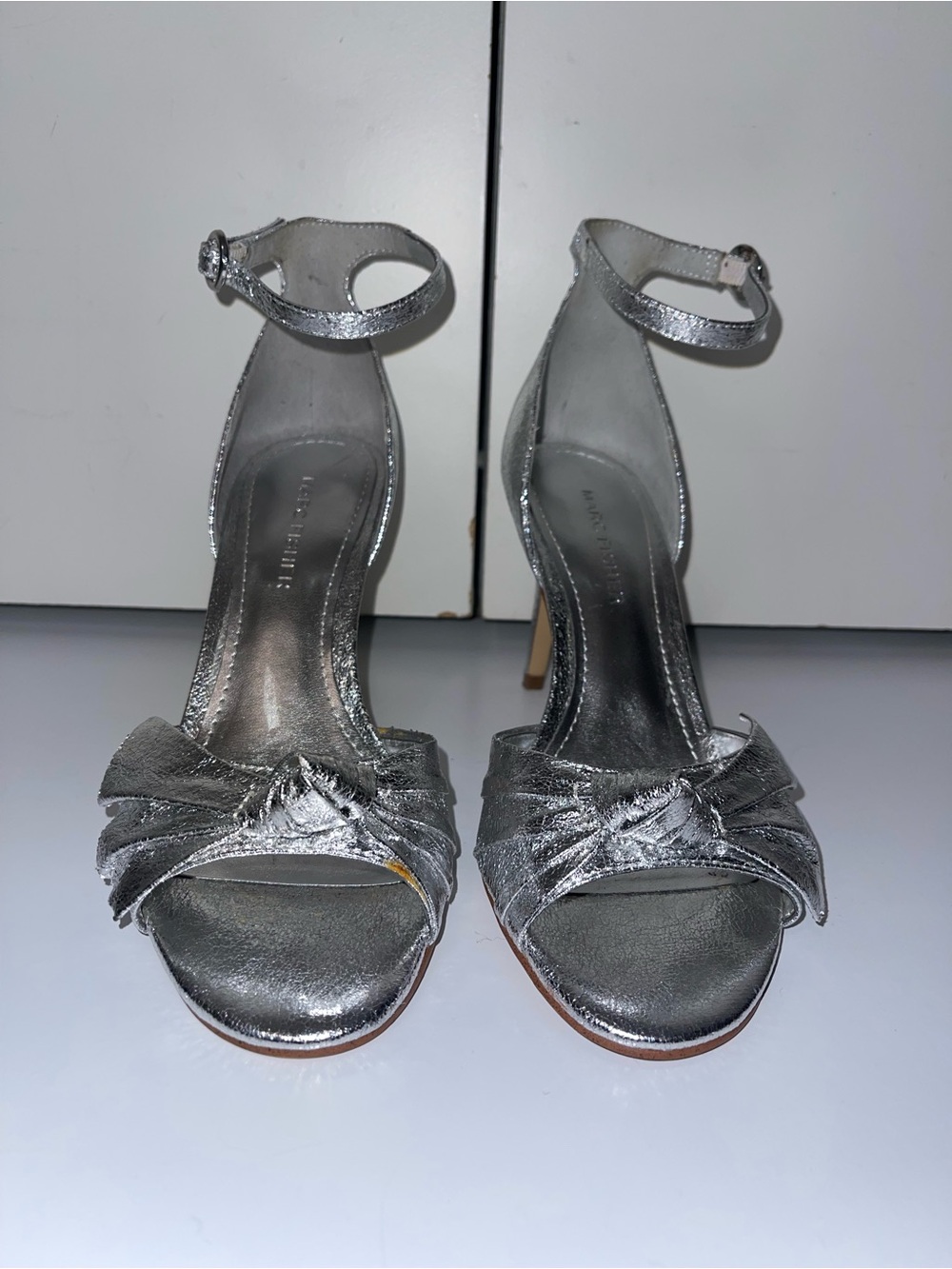 Silver Ankle-Strap Heeled Sandals with Knot Detail